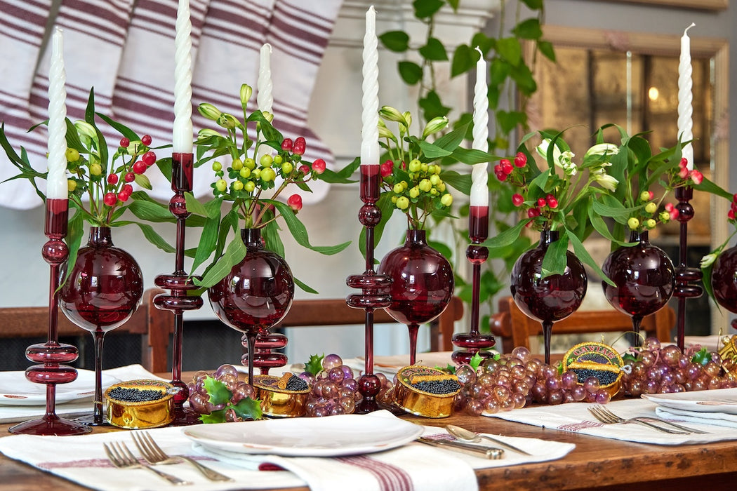 Glass Candlestick Pair, Medium, Merlot