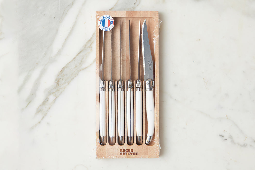 The Original French Laguiole Steak Knives, Set of 6, Wood Drawer Box, White