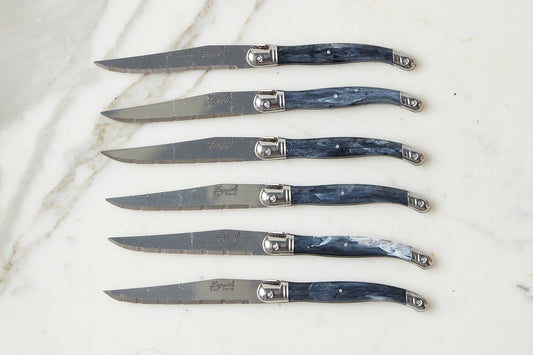 The Original French Laguiole Steak Knives, Set of 6, Wood Drawer Box, Marbled Grey