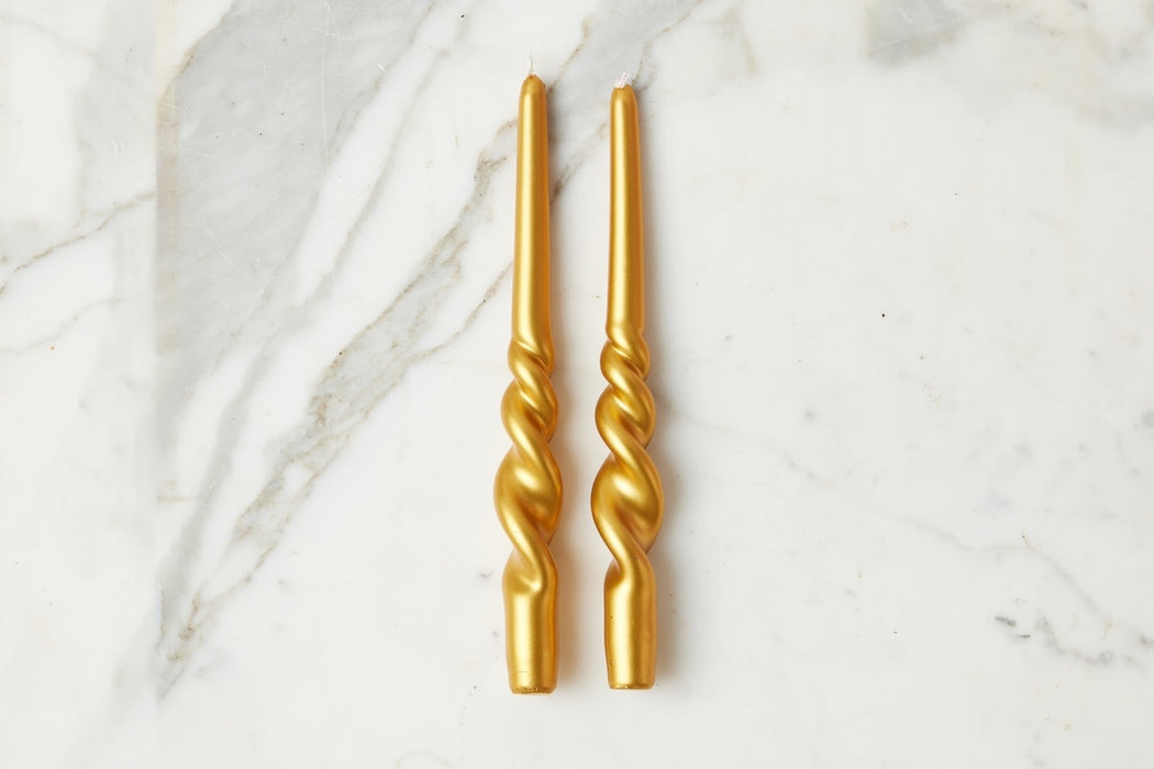 Lacquered Tall Twisted Taper Candles, Gold, Set of 2