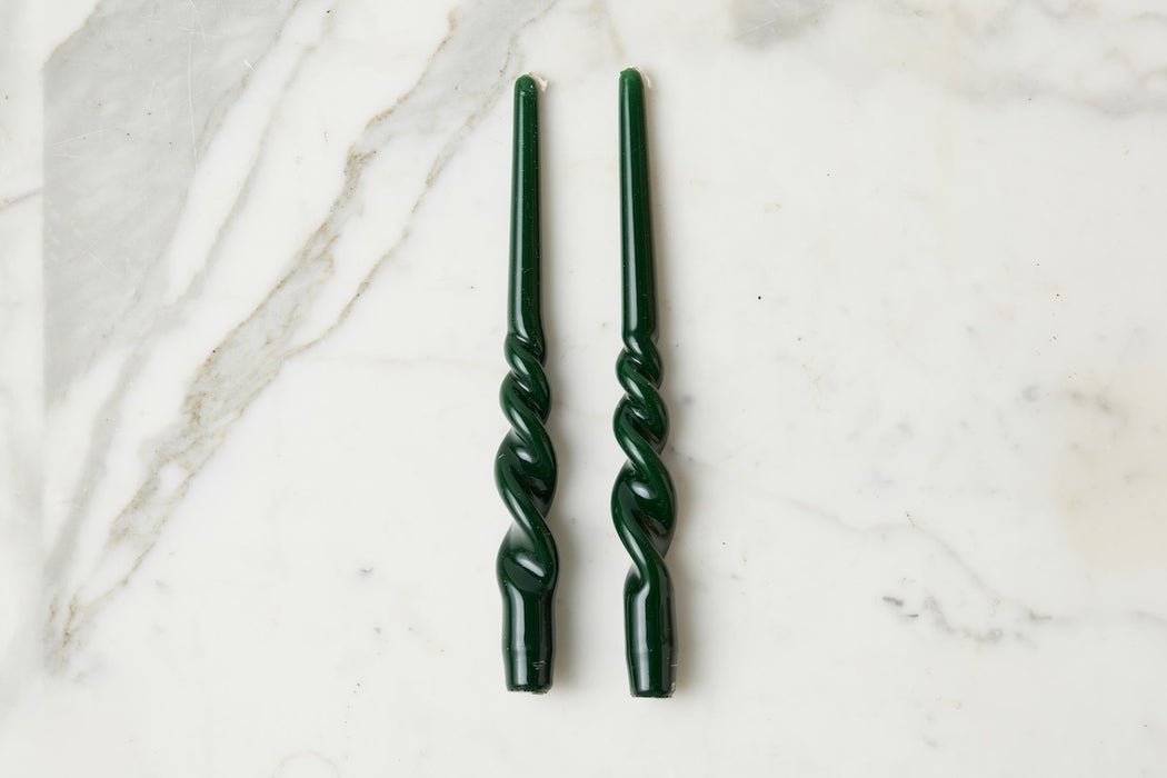 Lacquered Tall Twisted Taper Candles, Spruce, Set of 2
