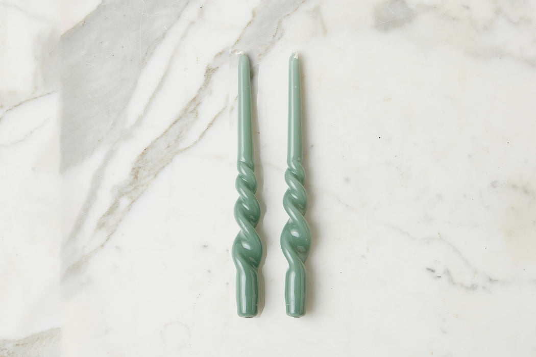 Lacquered Tall Twisted Taper Candles, Sage, Set of 2