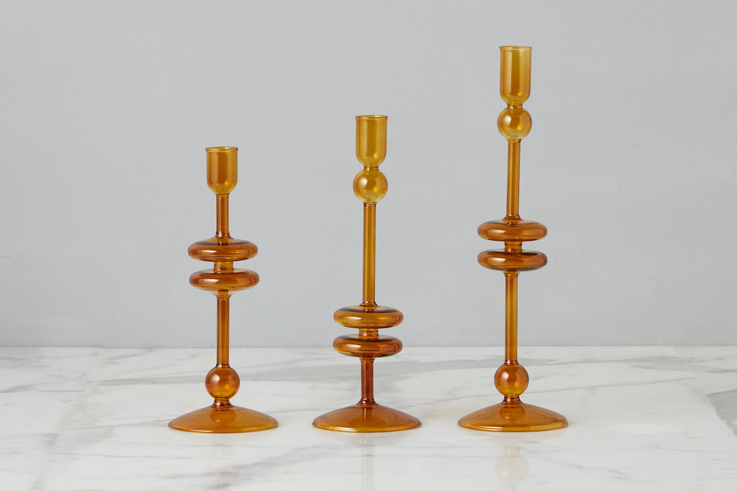 Amber Glass Candlestick Pair, Medium