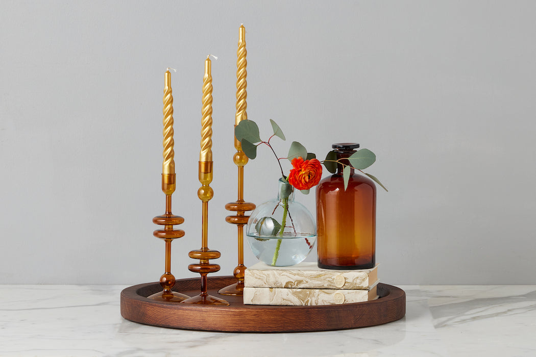 Amber Glass Candlestick Pair, Medium