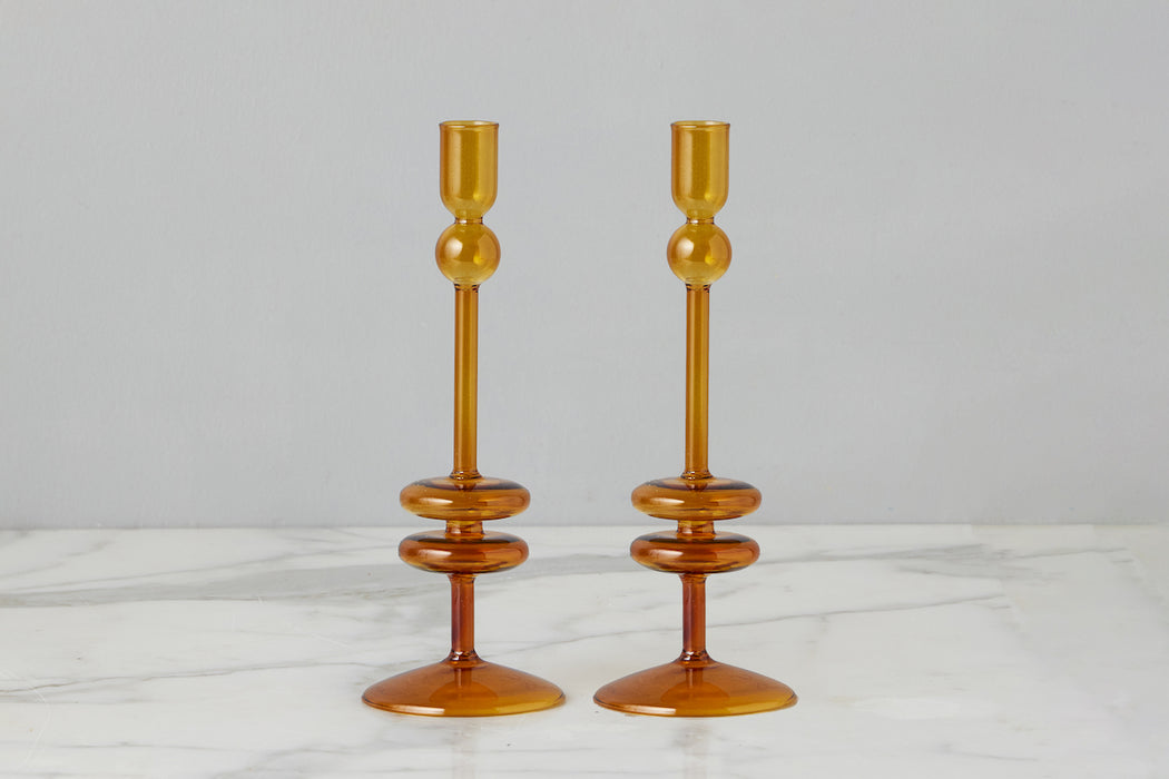 Amber Glass Candlestick Pair, Medium