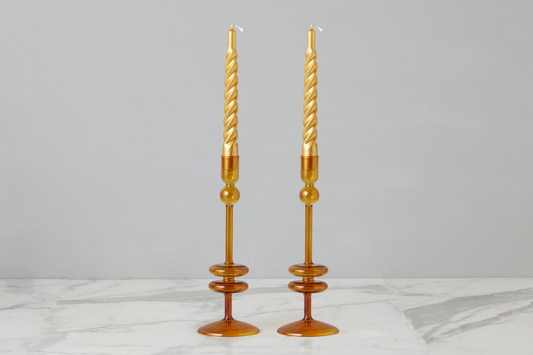 Amber Glass Candlestick Pair, Medium