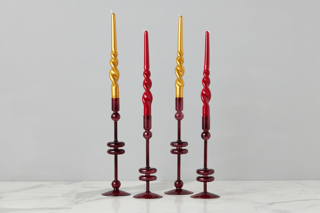Glass Candlestick Pair, Medium, Merlot