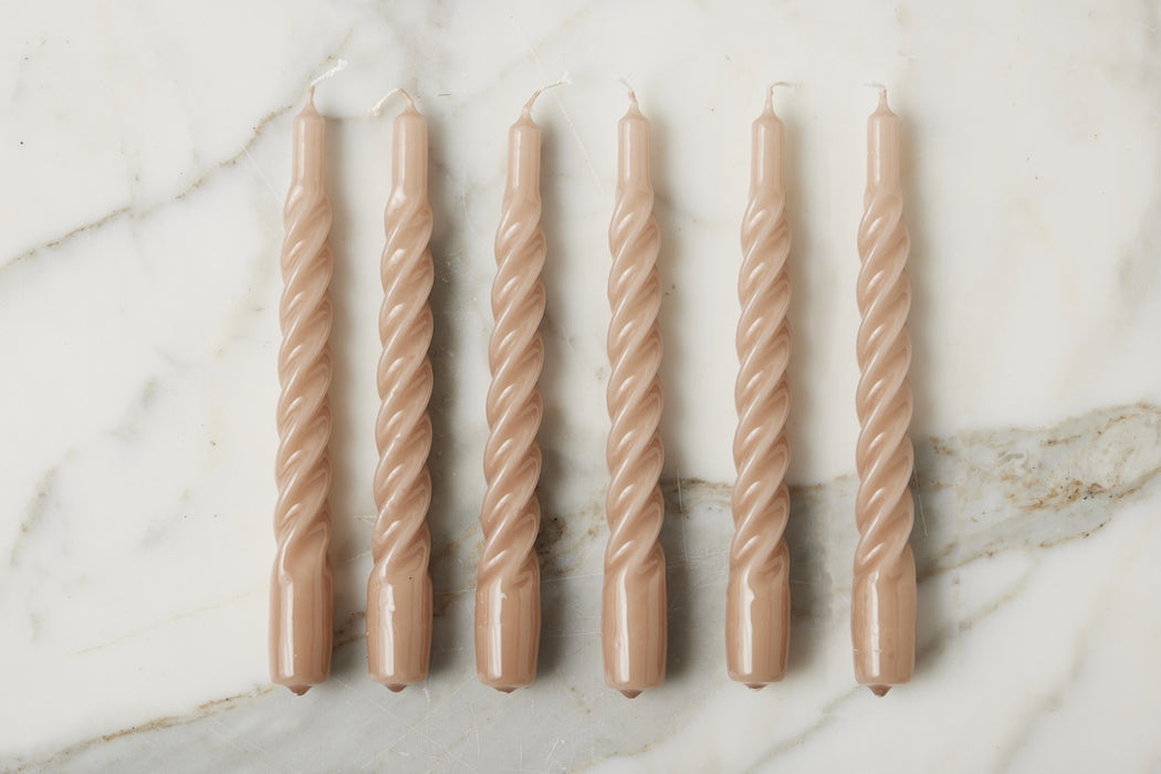 Lacquered Twisted Taper Candles, Taupe, Set of 6
