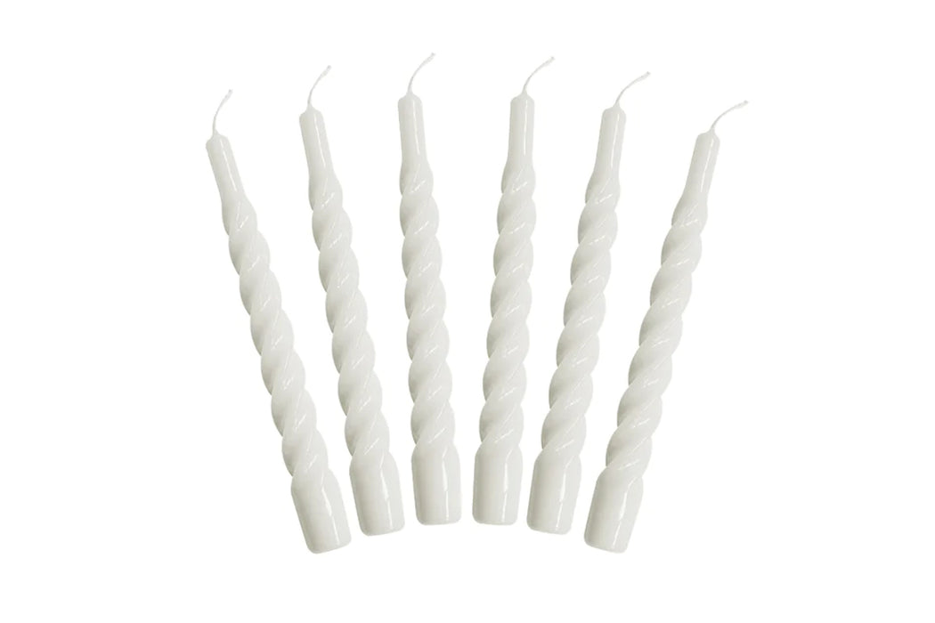 Lacquered Twisted Taper Candles, White, Set of 6