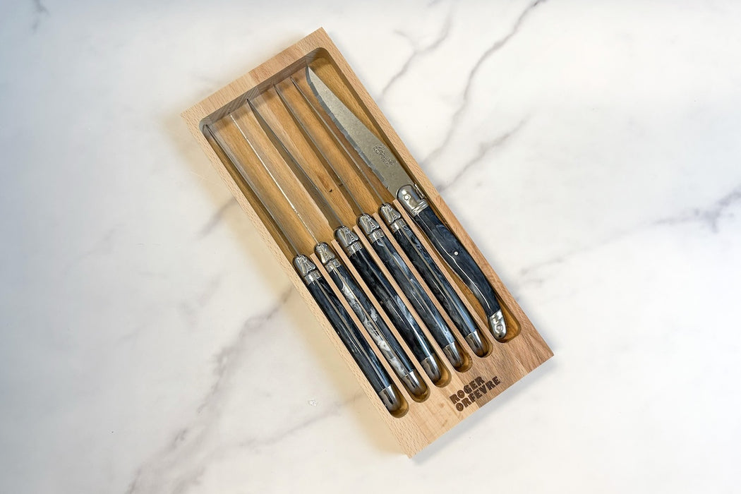 Laguiole Steak Knives, Set of 6, Wood Drawer Box, Marbled Grey