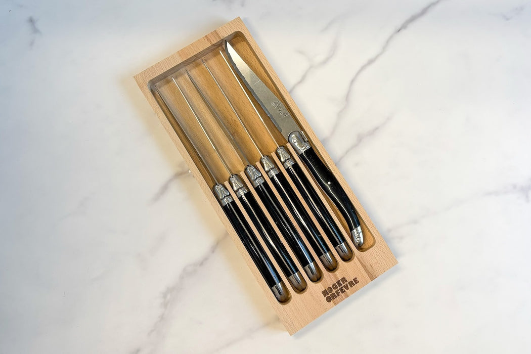 The Original French Laguiole Steak Knives, Set of 6, Wood Drawer Box, Black