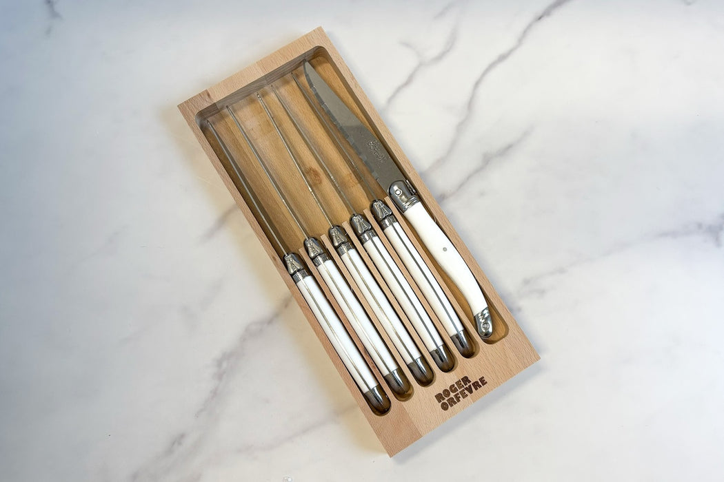 Laguiole Steak Knives, Set of 6, Wood Drawer Box, White