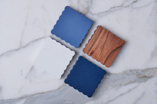 Scalloped Wood Coasters, Square, Maritime Colors, Set of 4