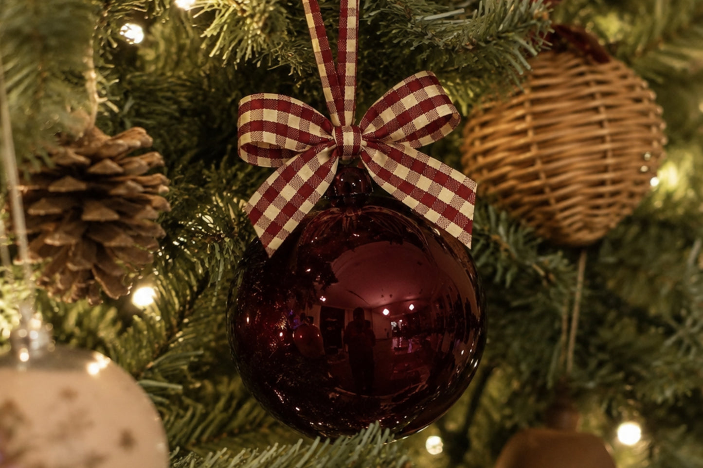 5" Glass Globe Ornament, Merlot Plaid