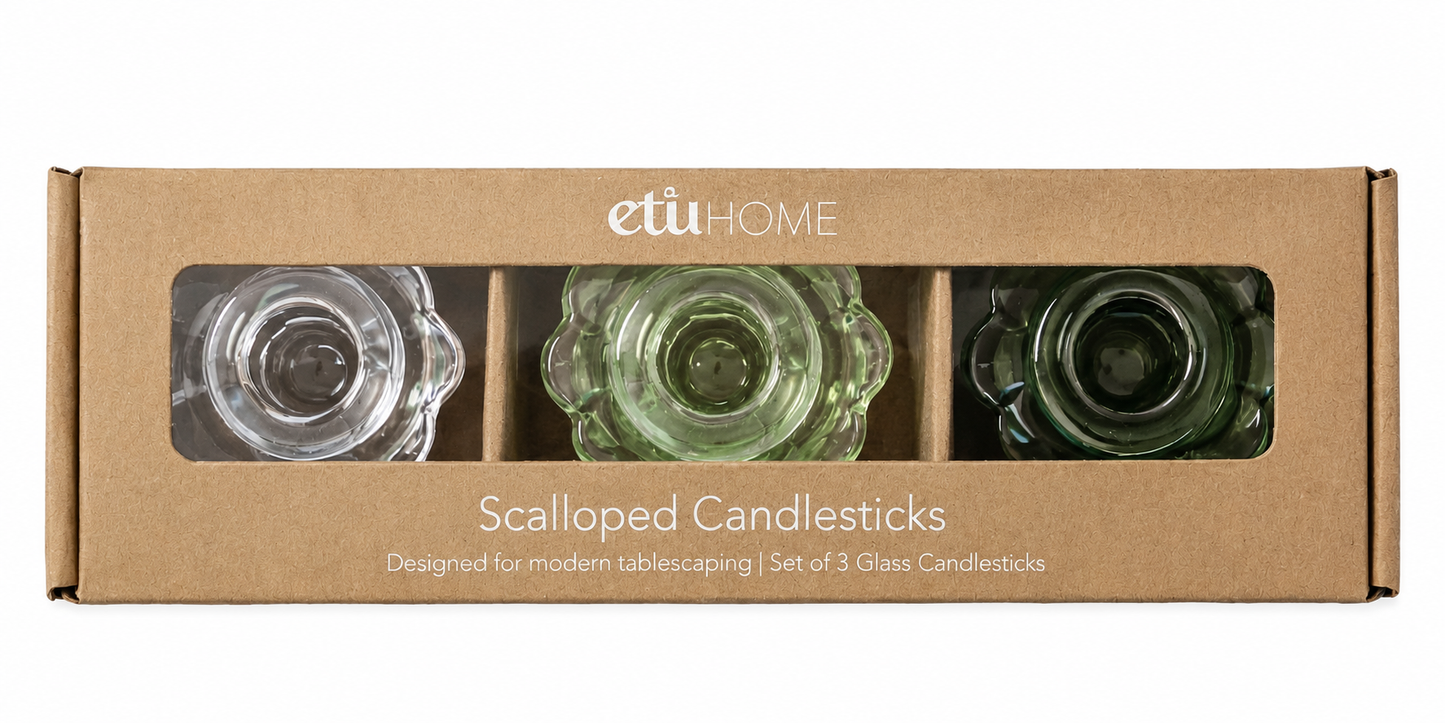 Glass Scalloped Candlesticks, Green, Set of 3