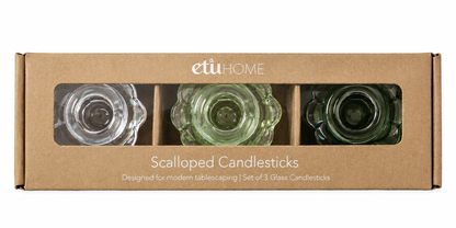 Glass Scalloped Candlesticks, Green, Set of 3