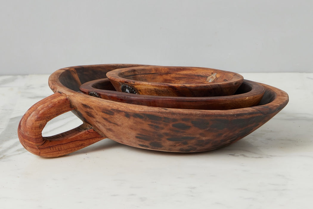 Vintage Wood Bowl with Iron Handle, Medium