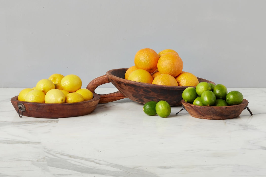 Vintage Wood Bowl with Iron Handle, Medium
