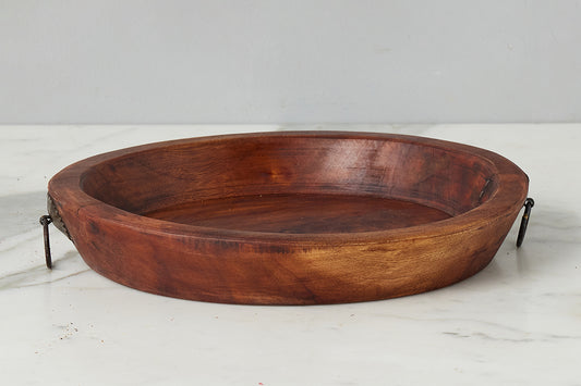 Vintage Wood Bowl with Iron Handle, Medium