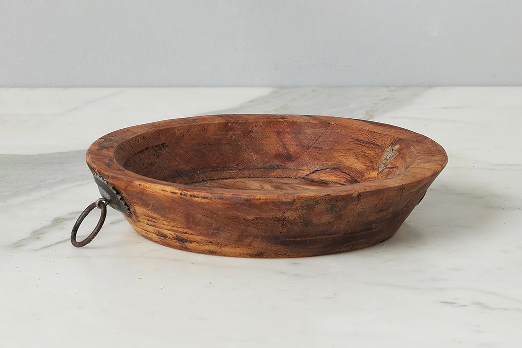 Vintage Wood Bowl with Iron Handle, Small