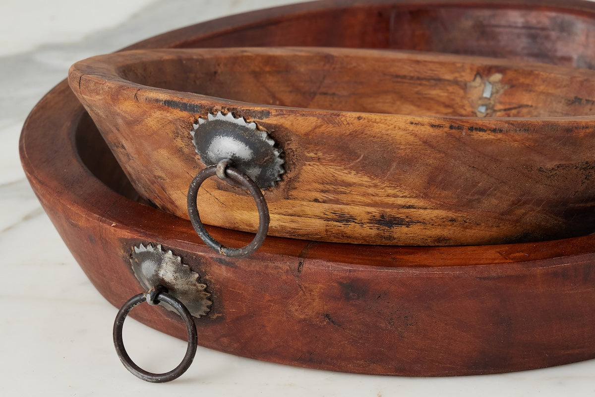 Vintage Wood Bowl with Iron Handle, Small