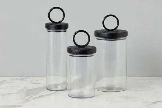 Glass Canister, Black Ring Handle, Set of 3
