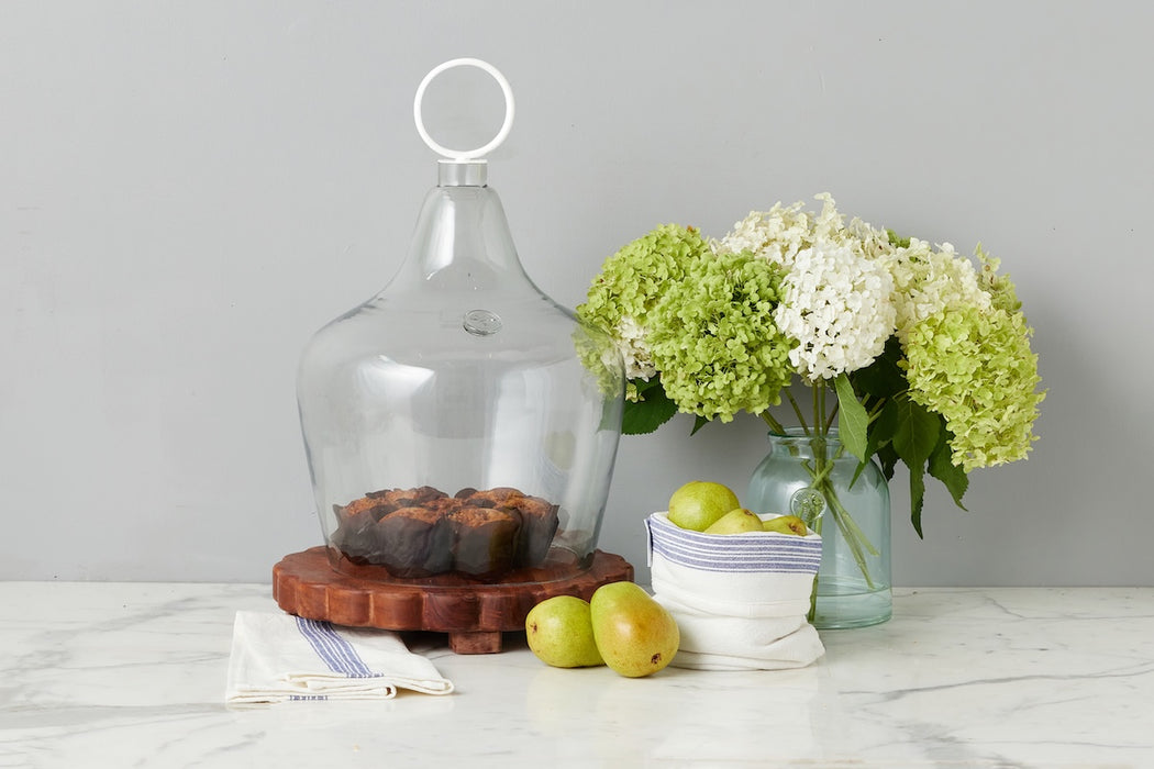 Glass Cloche Food Cover, White Ring Handle, Large