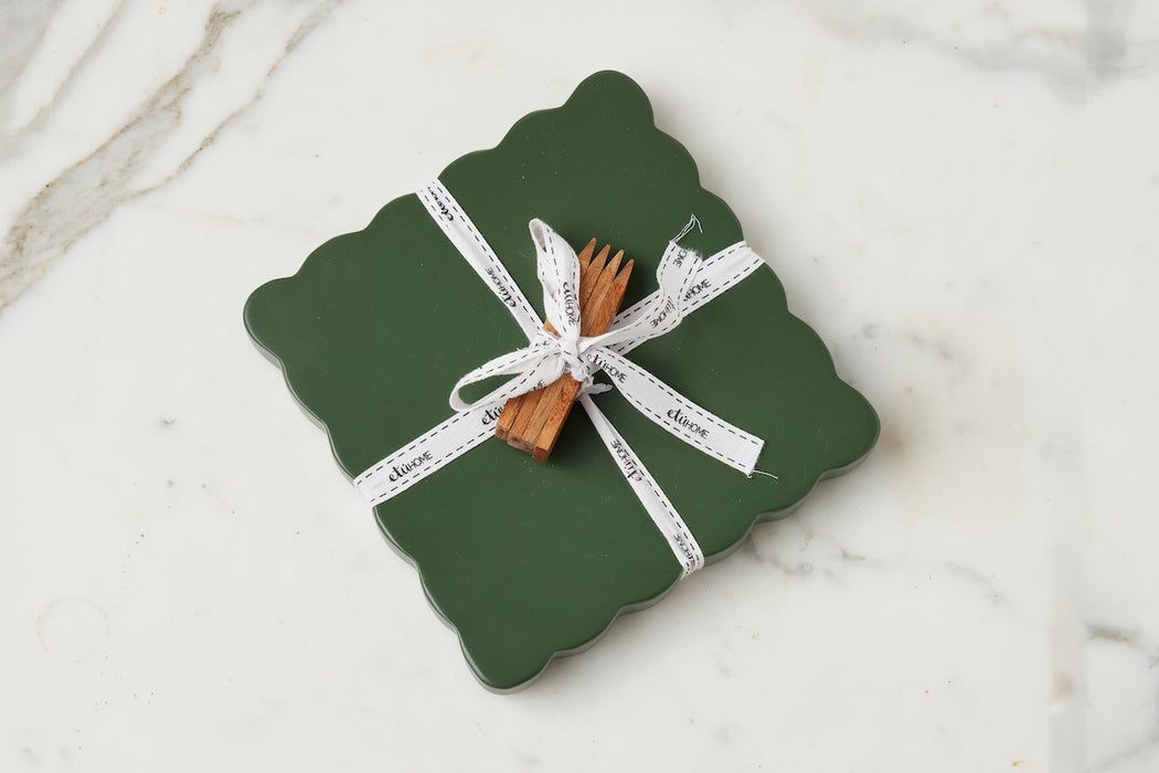 Square Scalloped Cheese Board with Cheese Markers, Small, Spruce Green