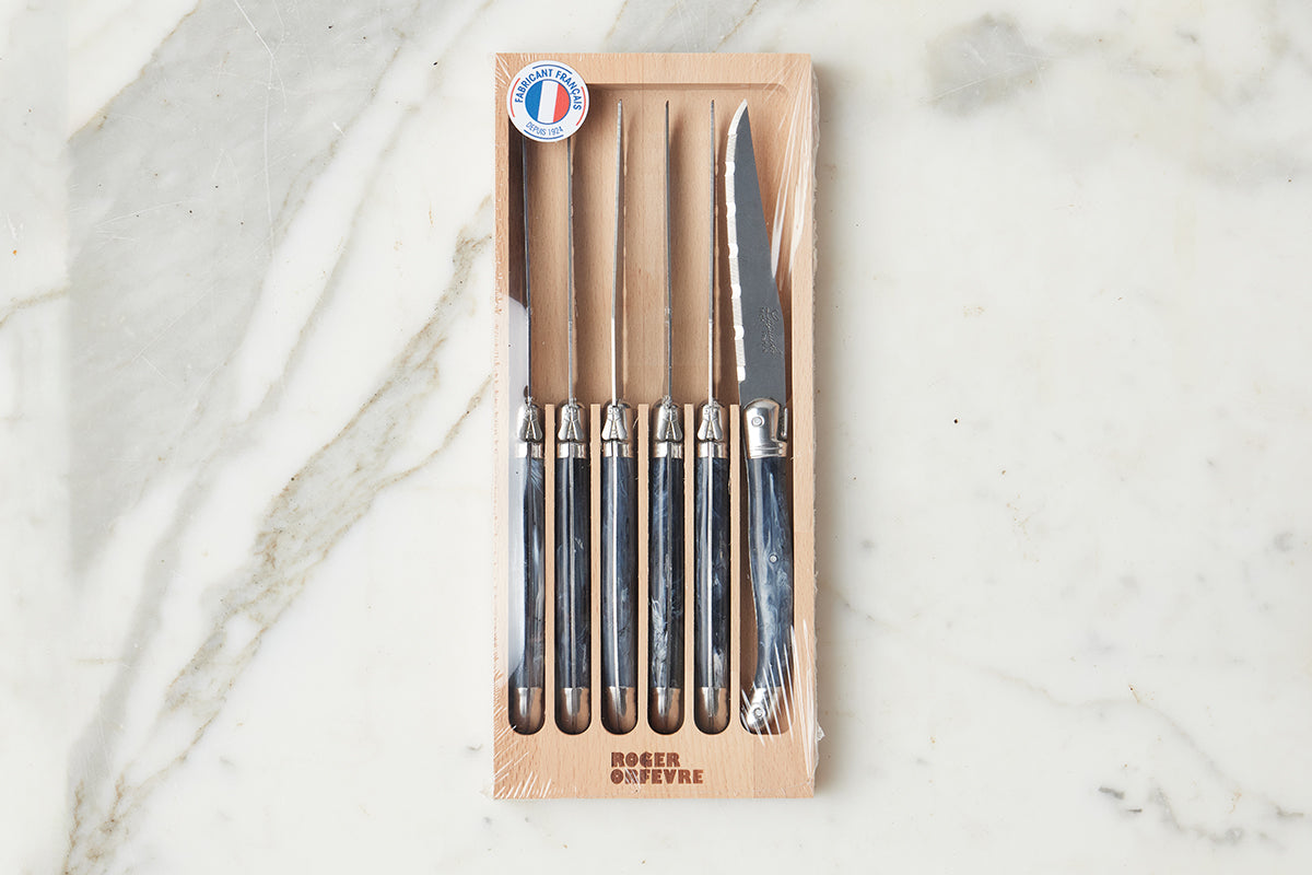 The Original French Laguiole Steak Knives, Set of 6, Wood Drawer Box, Marbled Grey