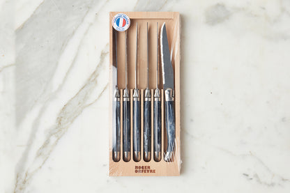 The Original French Laguiole Steak Knives, Set of 6, Wood Drawer Box, Marbled Grey