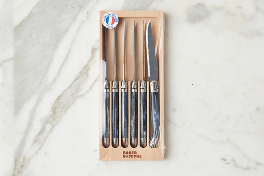 The Original French Laguiole Steak Knives, Set of 6, Wood Drawer Box, Marbled Grey