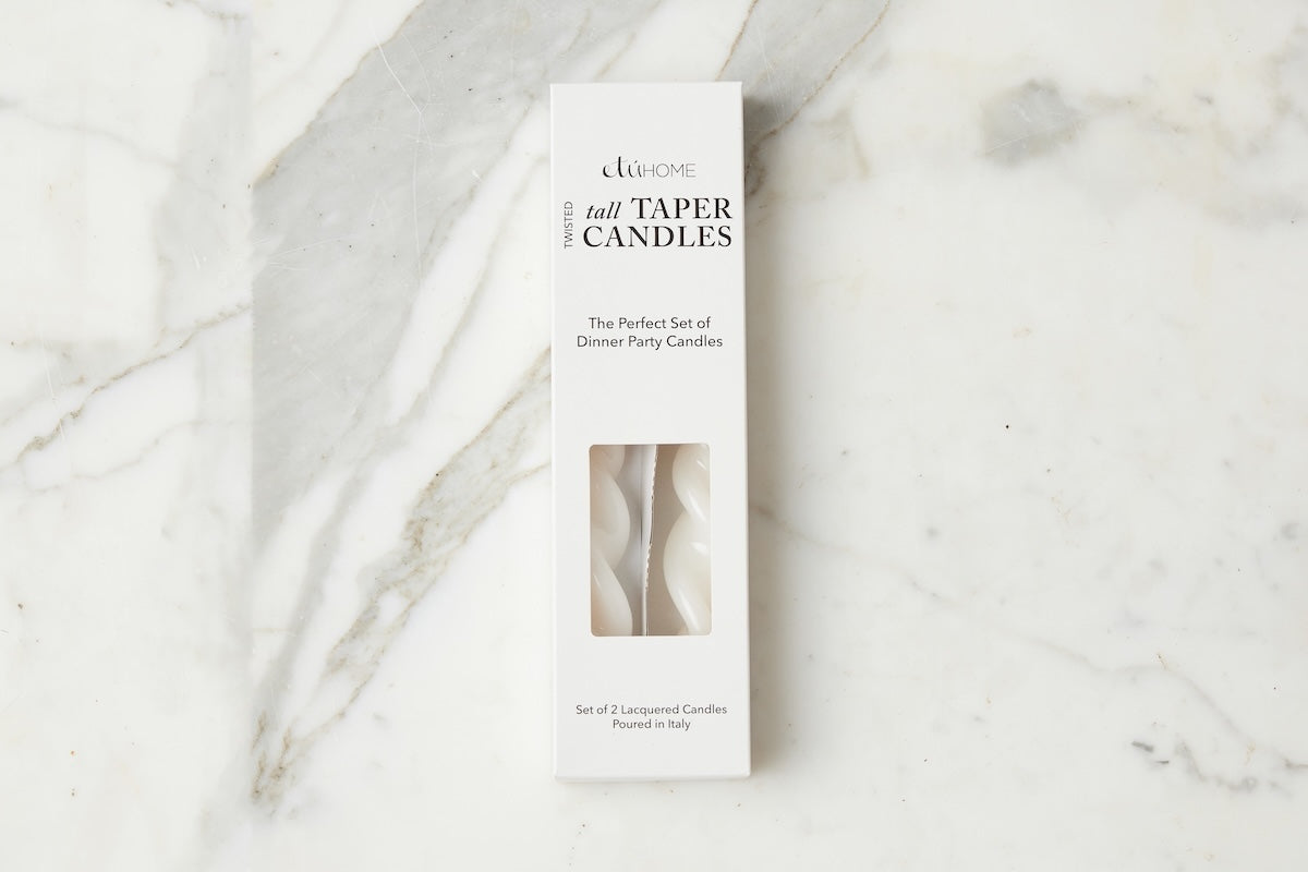 Lacquered Tall Twisted Taper Candles, White, Set of 2