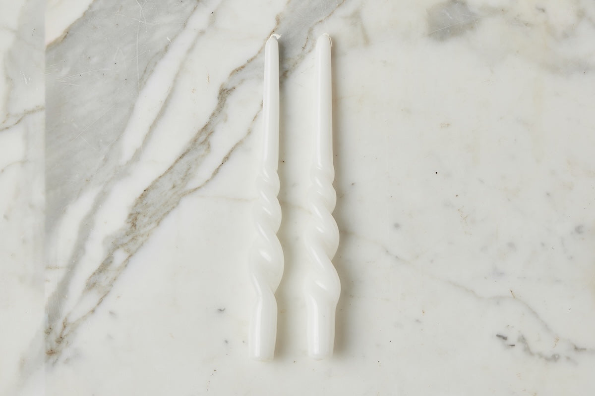 Lacquered Tall Twisted Taper Candles, White, Set of 2