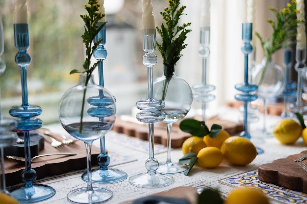Sapphire Glass Candlestick Pair, Large