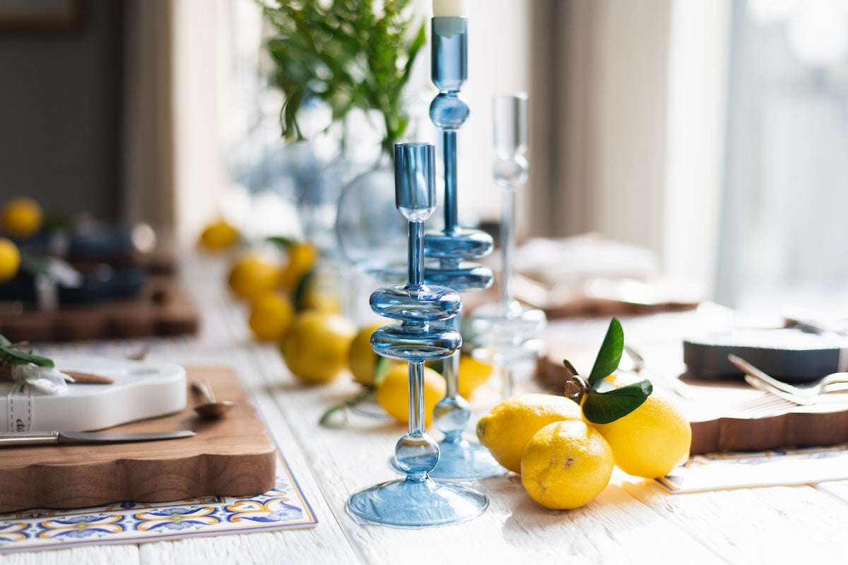 Sapphire Glass Candlestick Pair, Large