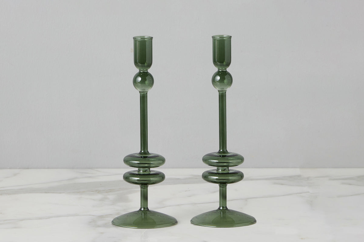 Emerald Glass Candlestick Pair, Medium