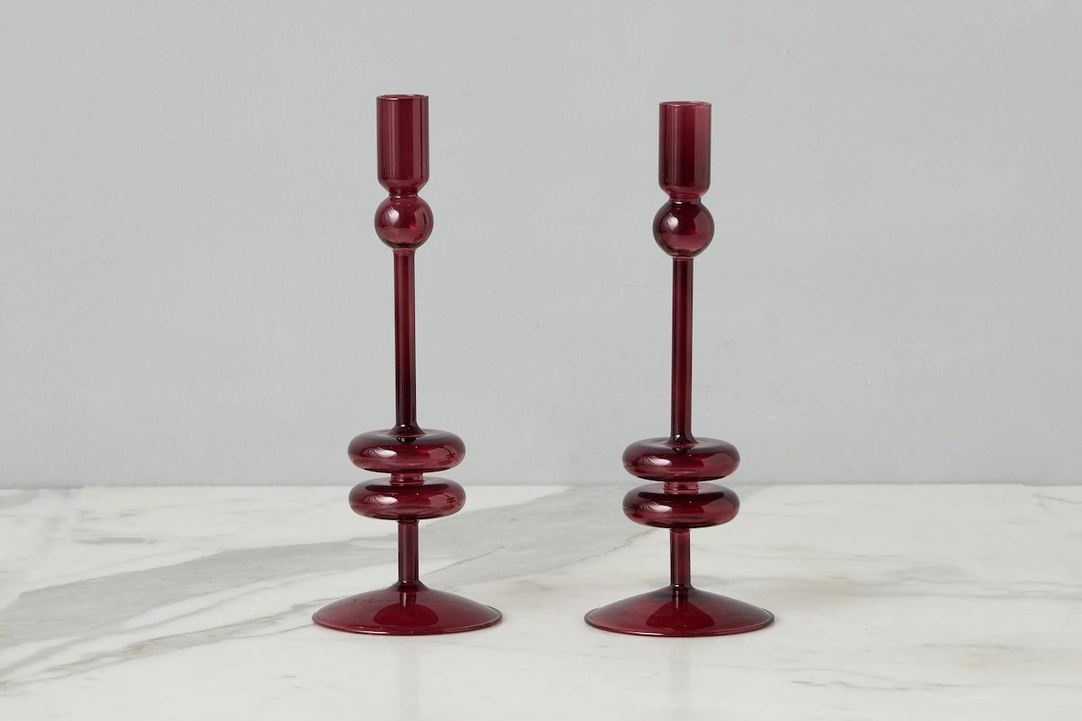 Glass Candlestick Pair, Medium, Merlot