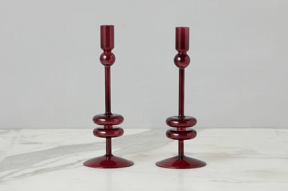 Glass Candlestick Pair, Medium, Merlot