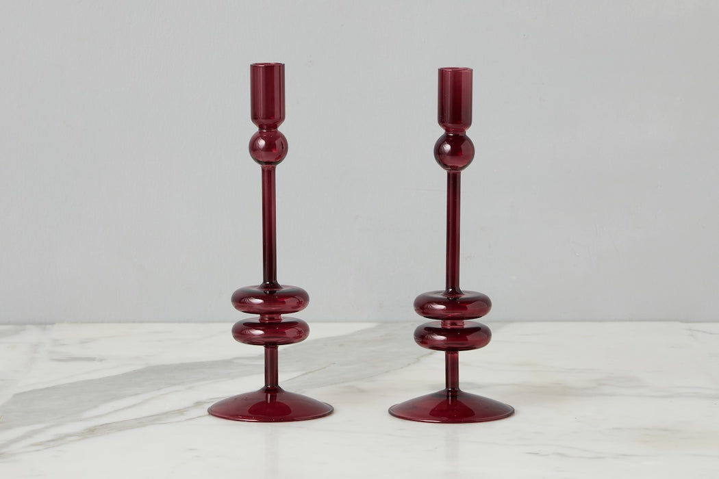 Glass Candlestick Pair, Medium, Merlot
