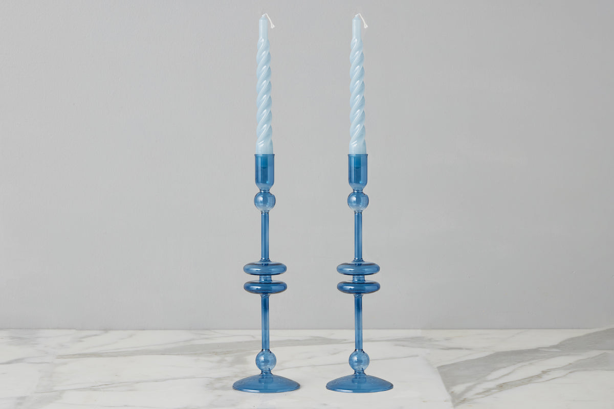 Sapphire Glass Candlestick Pair, Large