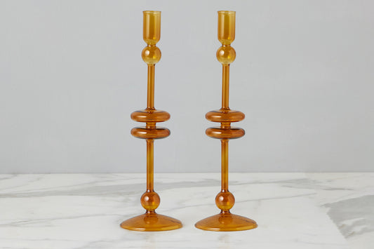 Amber Glass Candlestick Pair, Large