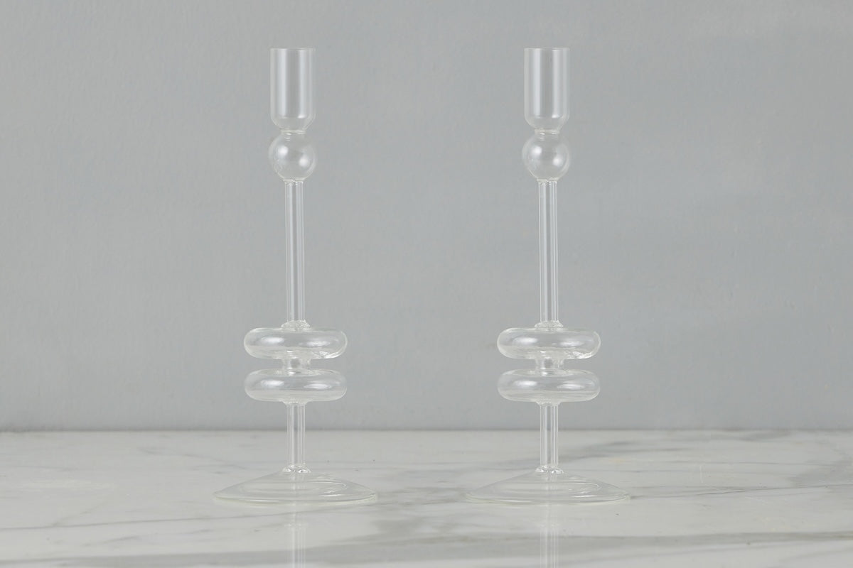 Clear Glass Candlestick Pair, Medium