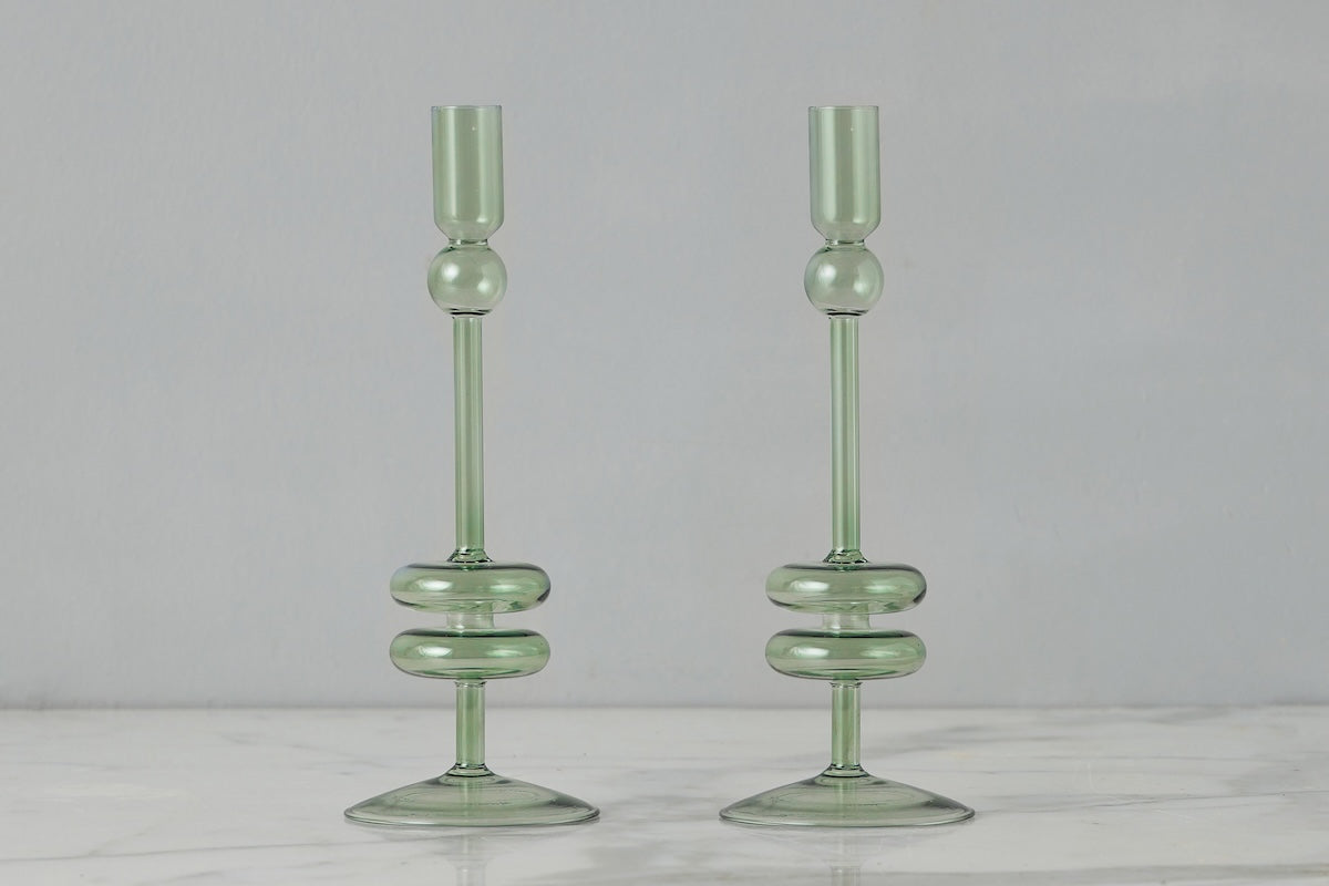 Sage Glass Candlestick Pair, Medium