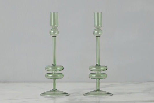 Sage Glass Candlestick Pair, Medium