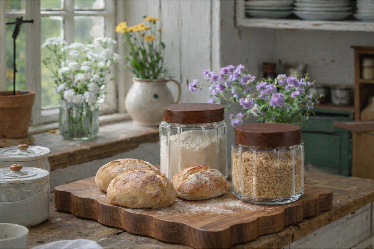 Fluted Glass Canister, Wood Lid, Large