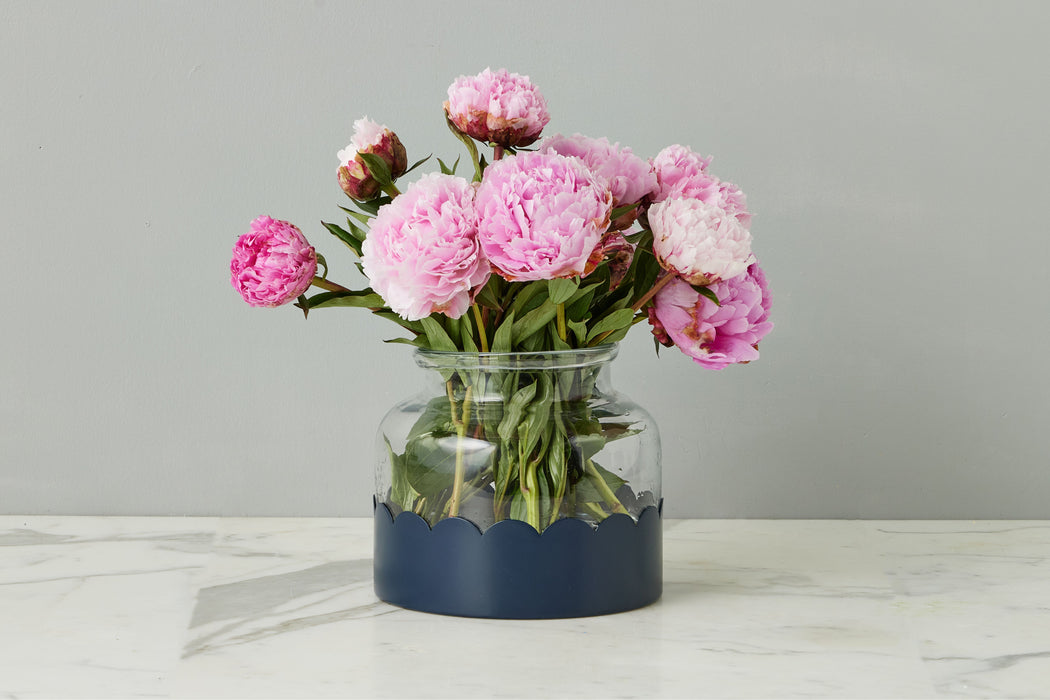 2-in-1 Scalloped Bloom Vase, White/Navy Blue