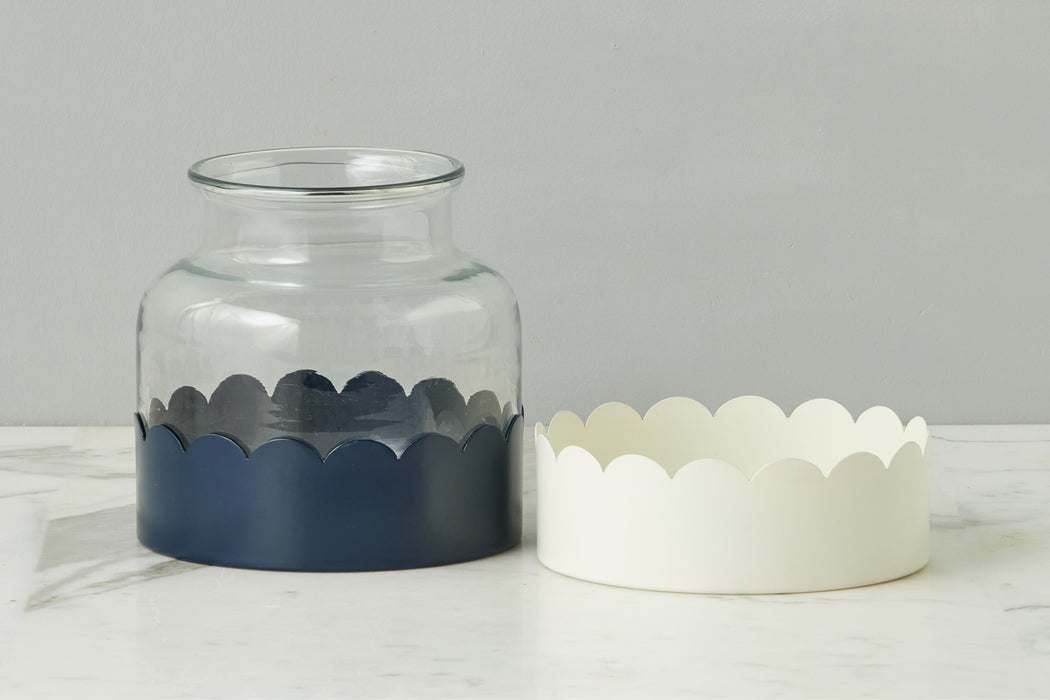 2-in-1 Scalloped Bloom Vase, White/Navy Blue