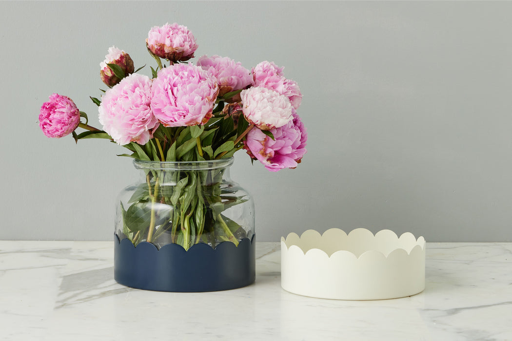 2-in-1 Scalloped Bloom Vase, White/Navy Blue