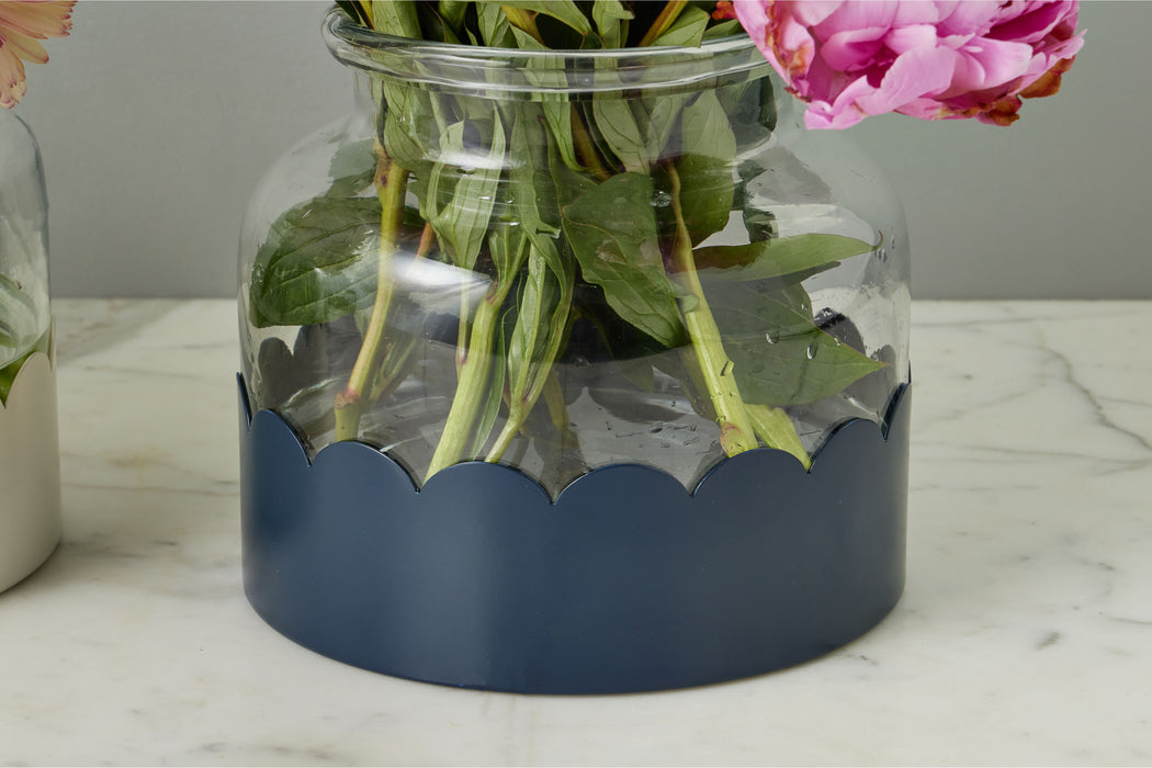 2-in-1 Scalloped Bloom Vase, White/Navy Blue