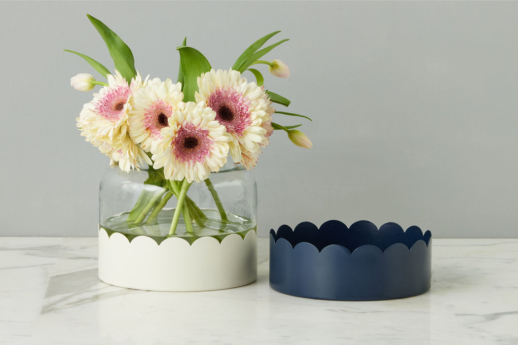 2-in-1 Scalloped Bloom Vase, White/Navy Blue